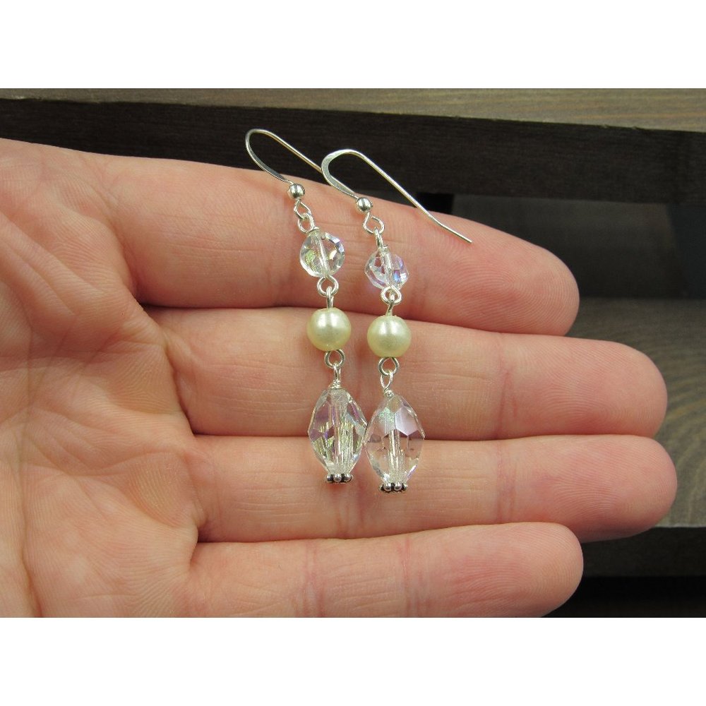 Sterling Silver Faux Pearl And Colorful Crystal Dangle Earrings Vintage Wedding
